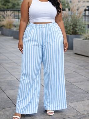 Curve Blue Stripe Wide-Leg  Palazzo Pants